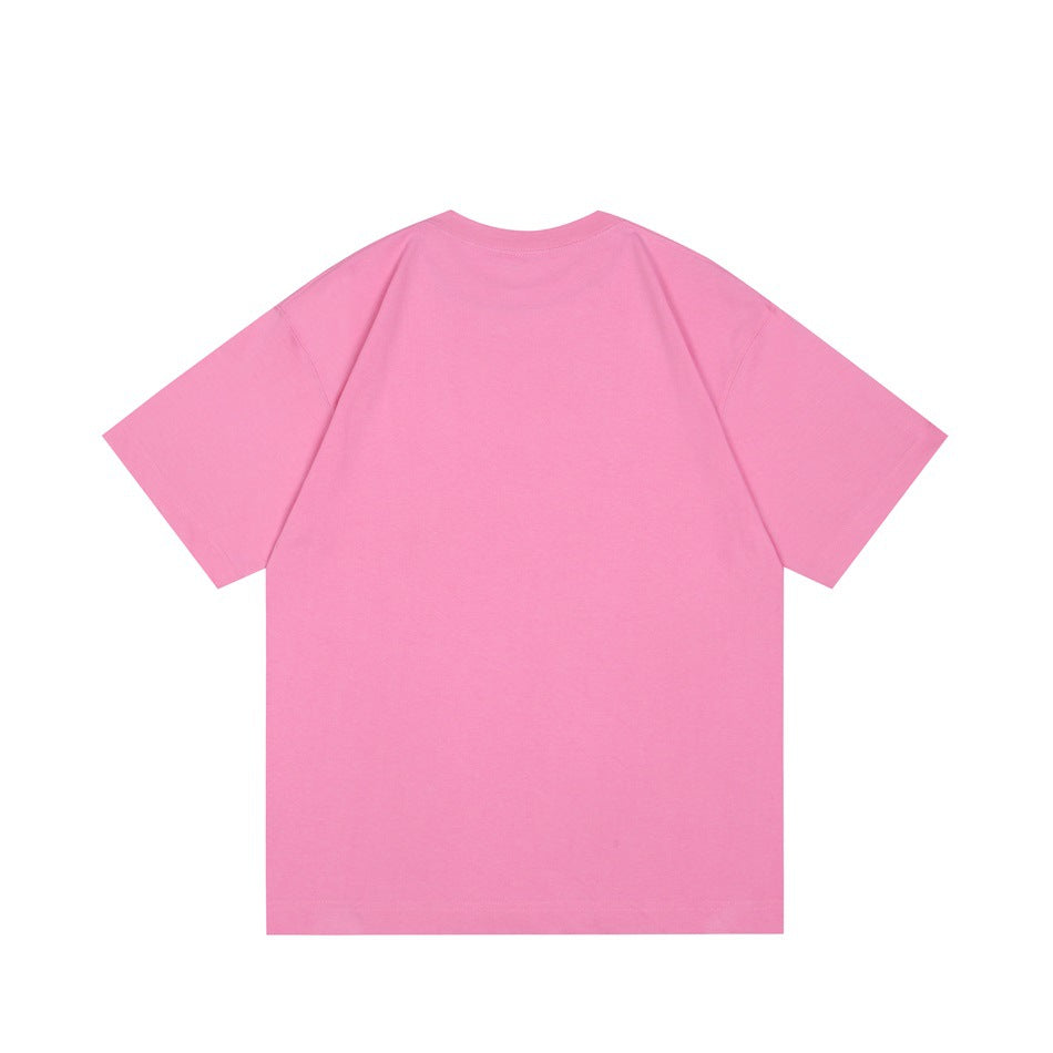 Back view of a plain pink short-sleeve crew-neck T-shirt laid flat.