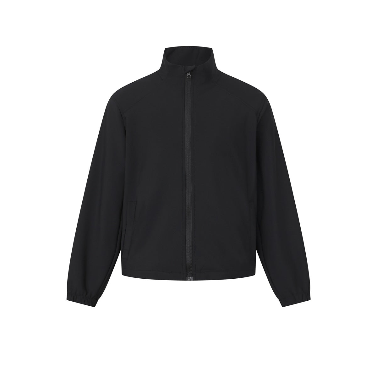 Black stand-collar full-zip jacket, flat front view with slant pockets and elasticized cuffs