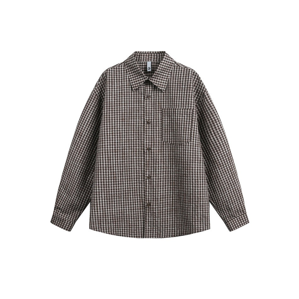 Brown and cream check long-sleeve button-up shirt with pointed collar and chest pocket, flat lay front view