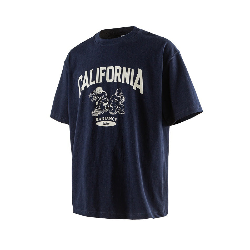 Navy short-sleeve crew neck T-shirt with cream CALIFORNIA arched print and cartoon figures, angled front view