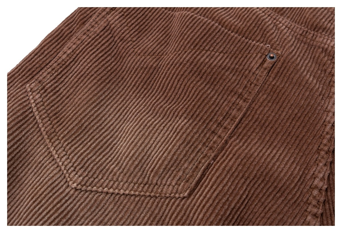 Close-up of the back of brown corduroy trousers, showing a stitched patch pocket with a small button.