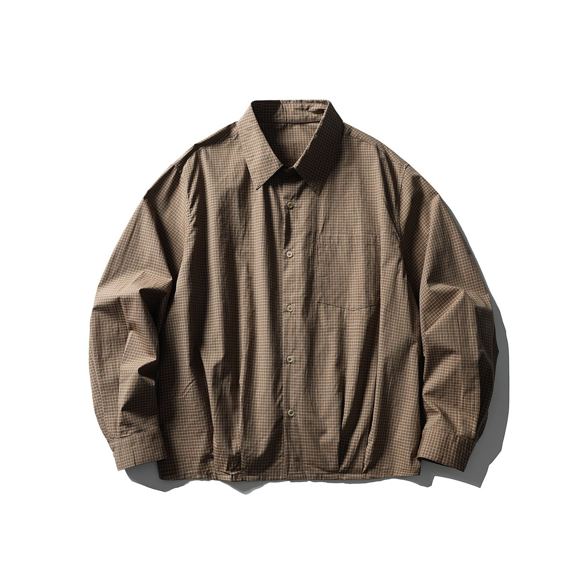 Brown-green micro-check long-sleeve button-up shirt, flat lay front view with collar and chest pocket