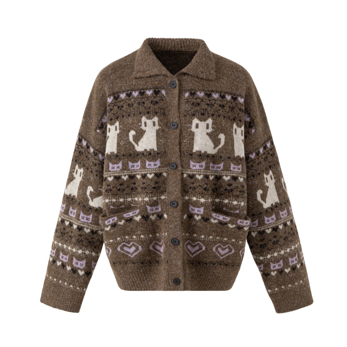 Brown knit cardigan with collar, buttons and cream cat and lavender heart jacquard pattern, flat front view