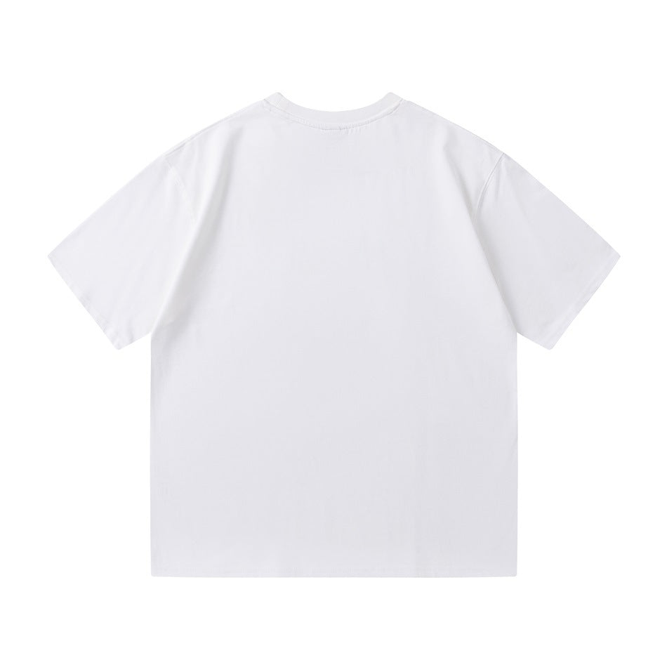 Back view of a plain white short-sleeve crew-neck T-shirt laid flat.