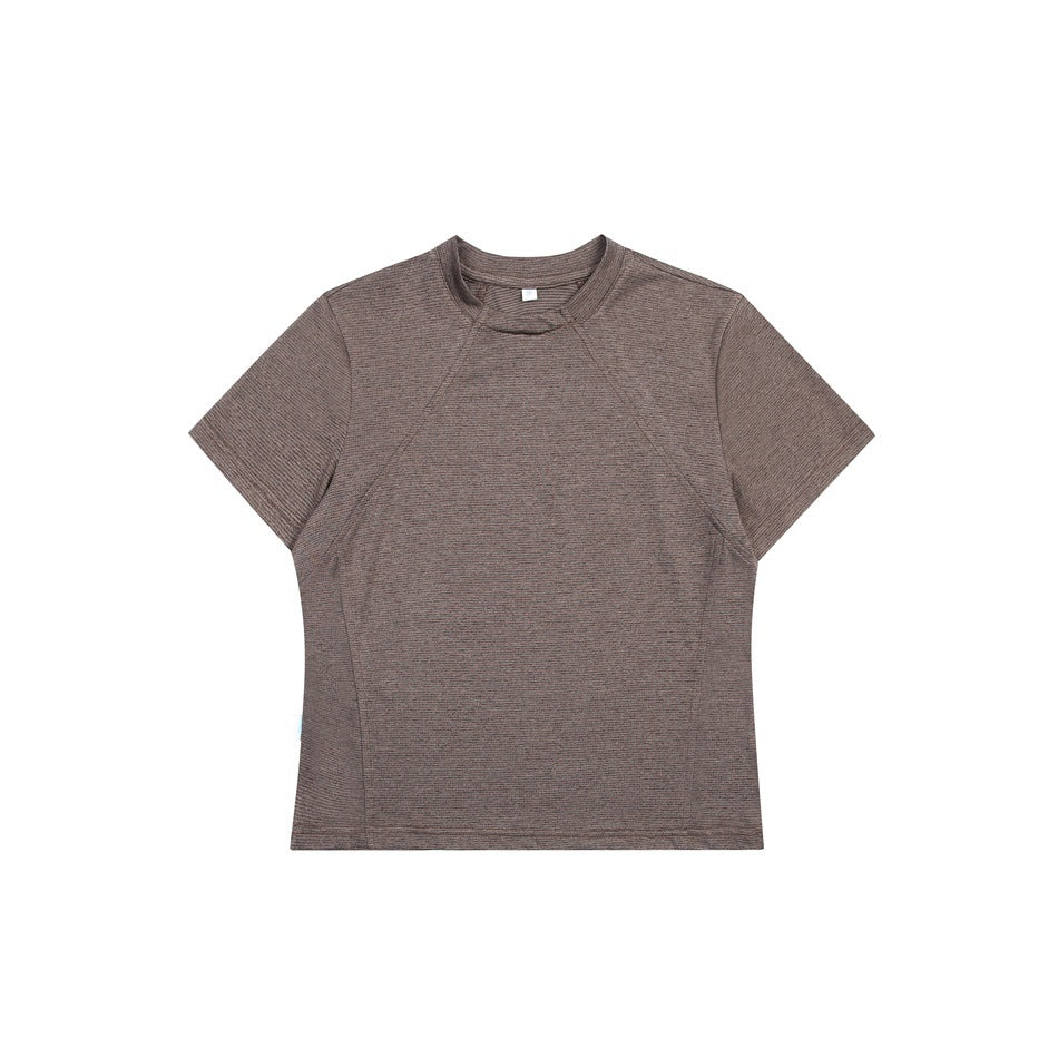 Brown short-sleeve crew-neck T-shirt with raglan seams and fine ribbed texture, flat lay