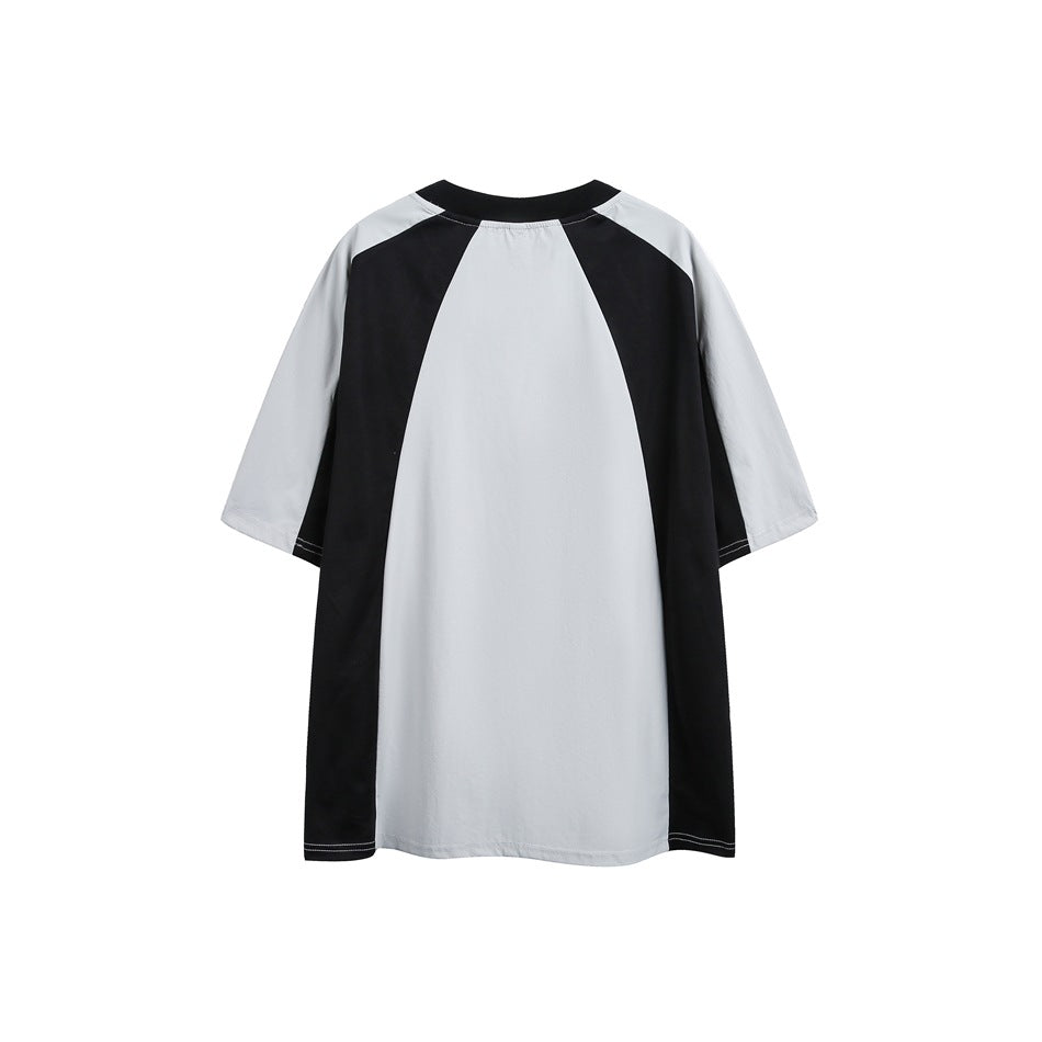 Back view of a light gray T-shirt with black raglan side panels, sleeves, and crew neck.