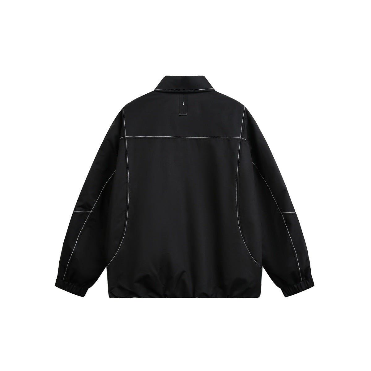 Back view of a black jacket with contrast stitching, a horizontal yoke seam and elastic cuffs.