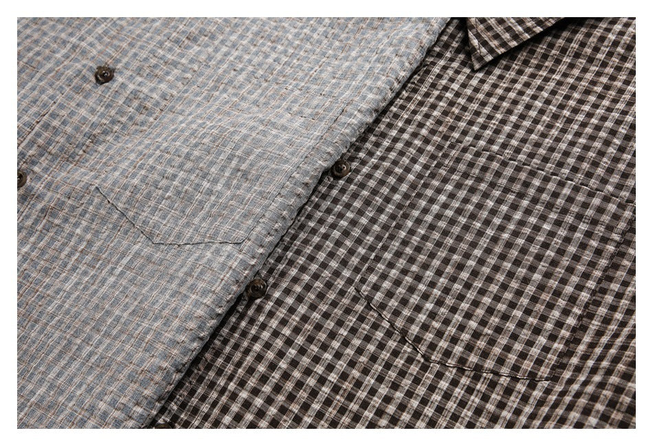 Close-up of blue-gray plaid and dark brown gingham shirt fronts with buttons and chest pockets.