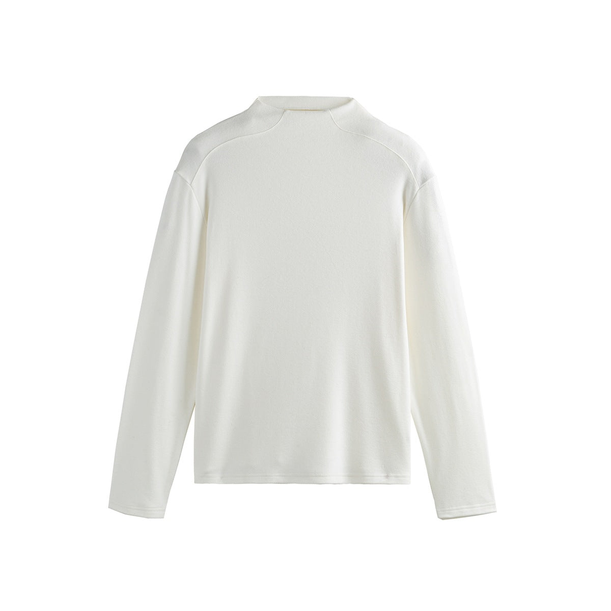 White long-sleeve mock-neck top with drop shoulders and curved seams, flat lay on a white background