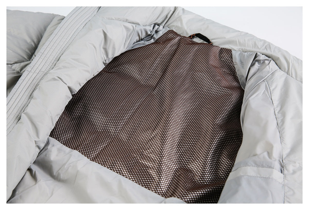 Light gray pinstriped garment opened to show its brown mesh lining and interior panels.