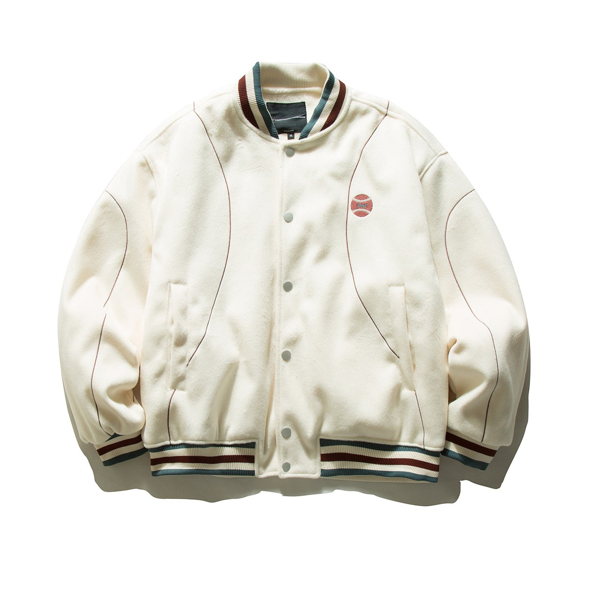Cream varsity jacket with snap front, teal and maroon striped trim, and an embroidered baseball patch