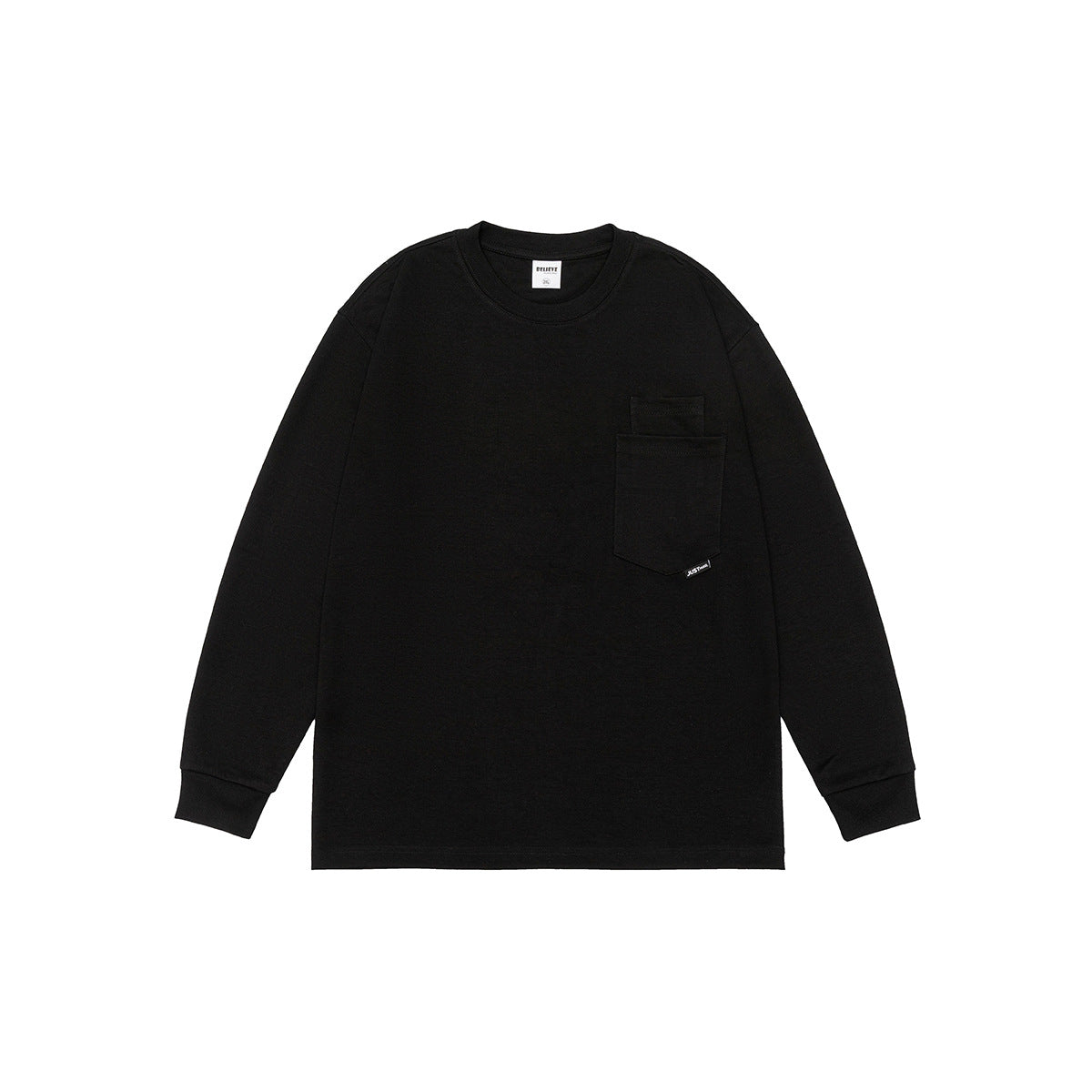 Black long-sleeve crew-neck top flat lay with ribbed cuffs and a chest patch pocket