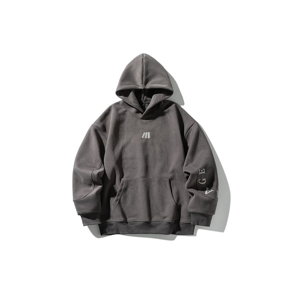 Dark gray pullover hoodie flat lay with kangaroo pocket, ribbed cuffs and hem, and light gray embroidered chest logo