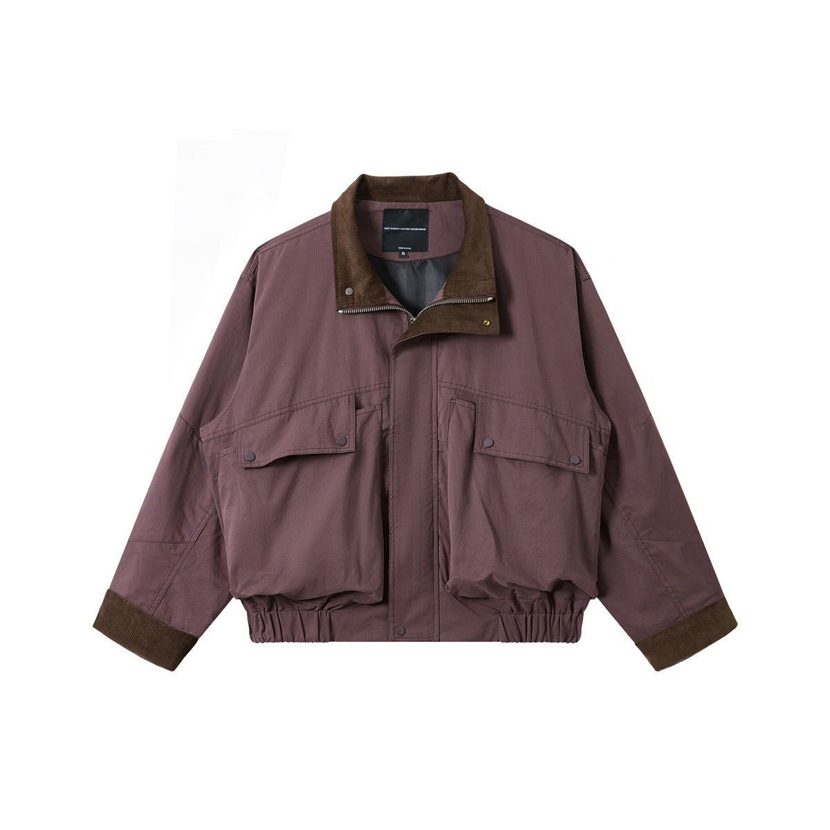 Front view of a plum jacket with a brown corduroy collar and cuffs, snap-flap pockets, and a gathered hem.