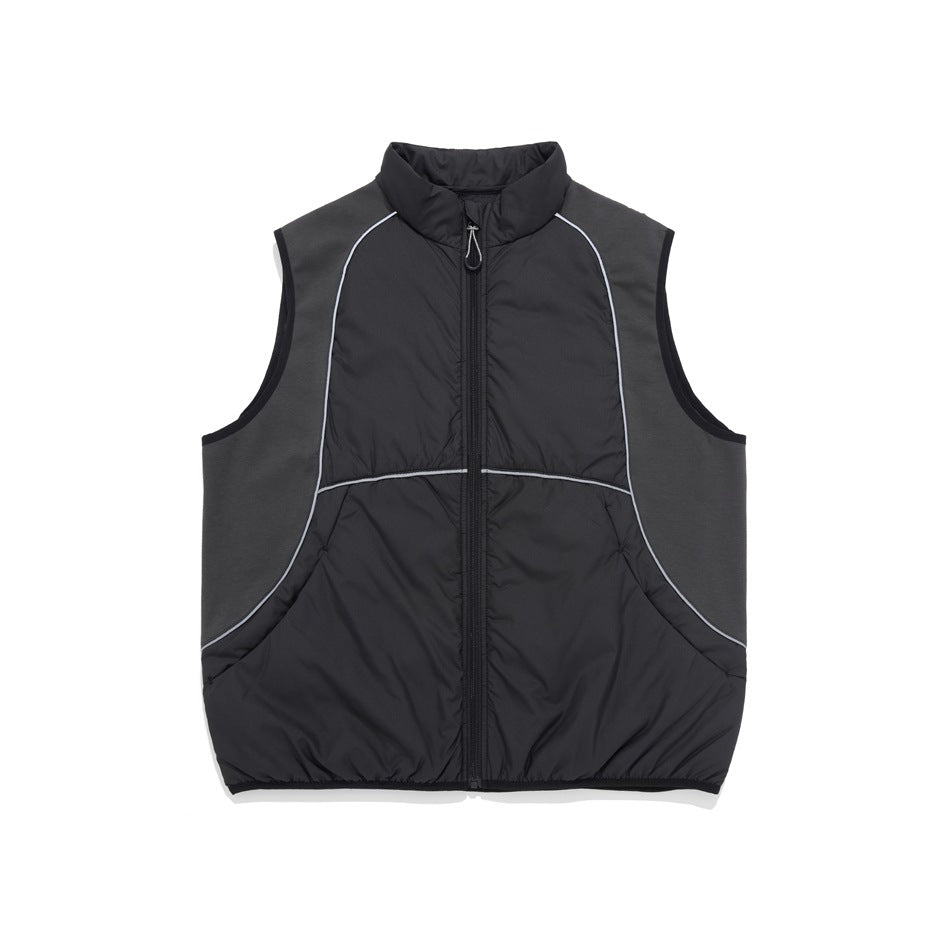 Black zip-front stand-collar vest with charcoal side panels and light piping, flat front view