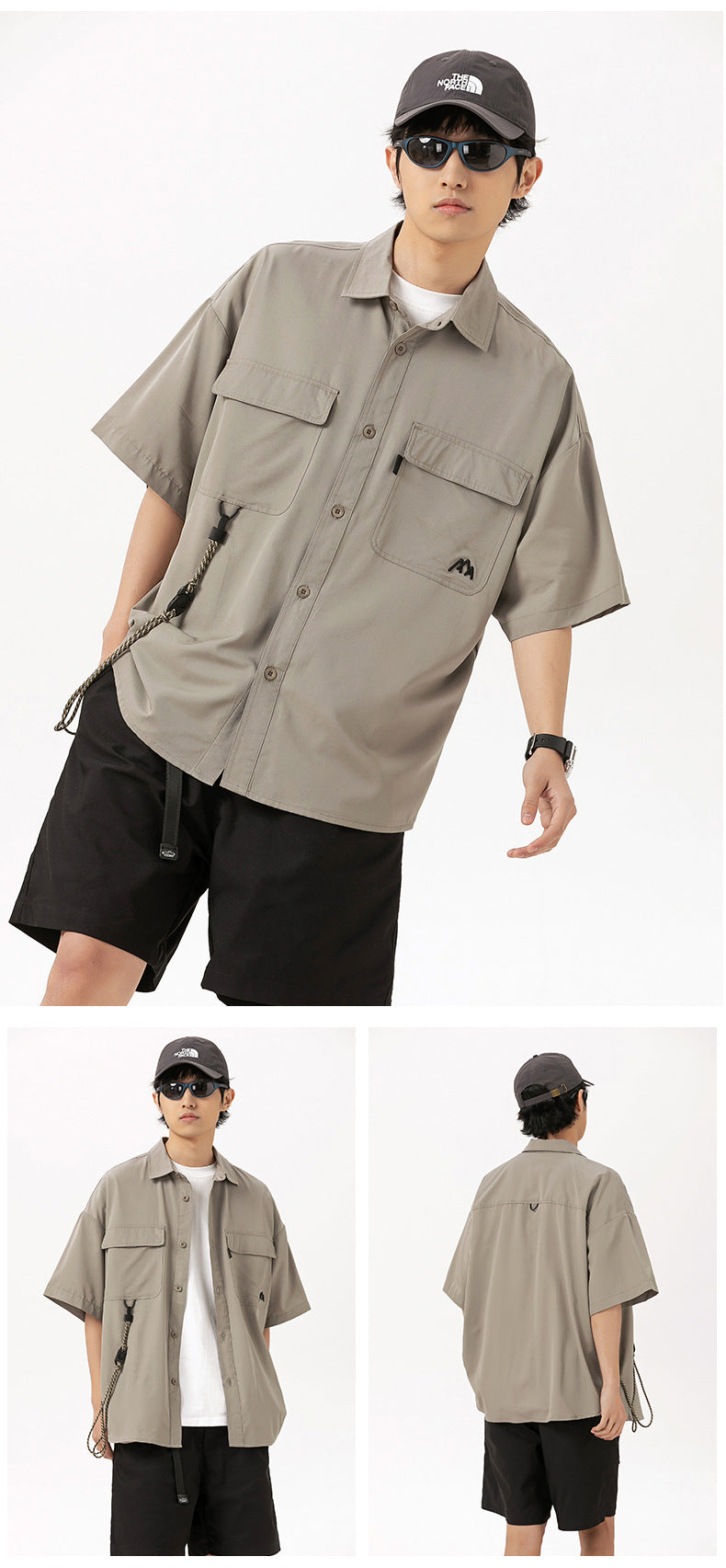 Model wearing a taupe short-sleeve button-up shirt with two flap chest pockets and a hanging cord; front and back views.