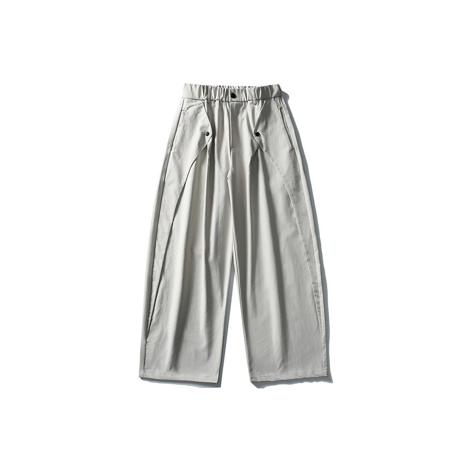 Light gray-white wide-leg pants with elastic waist, front button and two dark snaps, flat front view