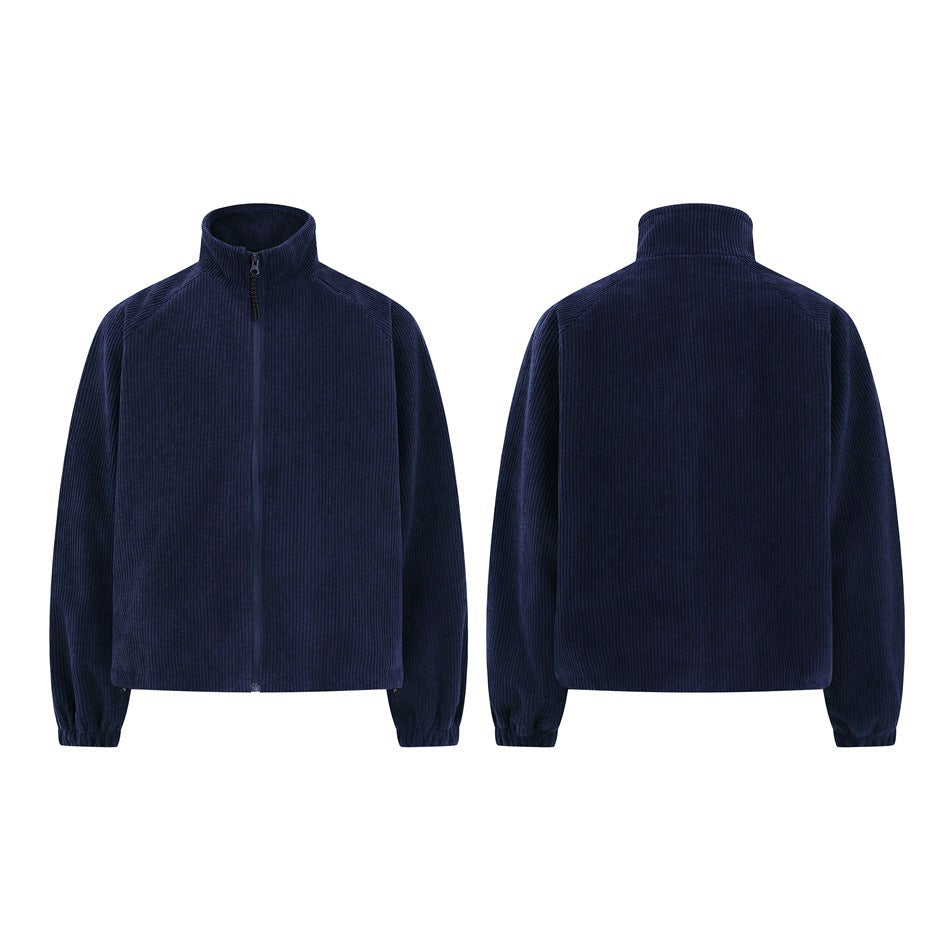 Navy ribbed zip jacket shown from the front and back, with a high collar and elastic cuffs.