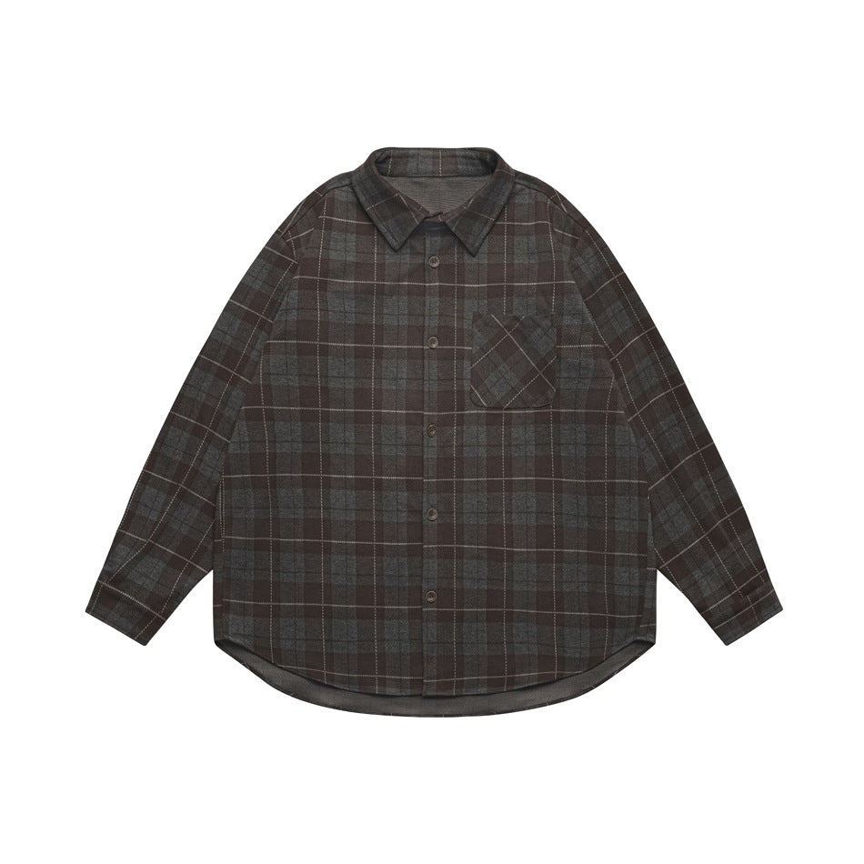 Brown and gray plaid long-sleeve button-up shirt with chest pocket, shown flat from the front