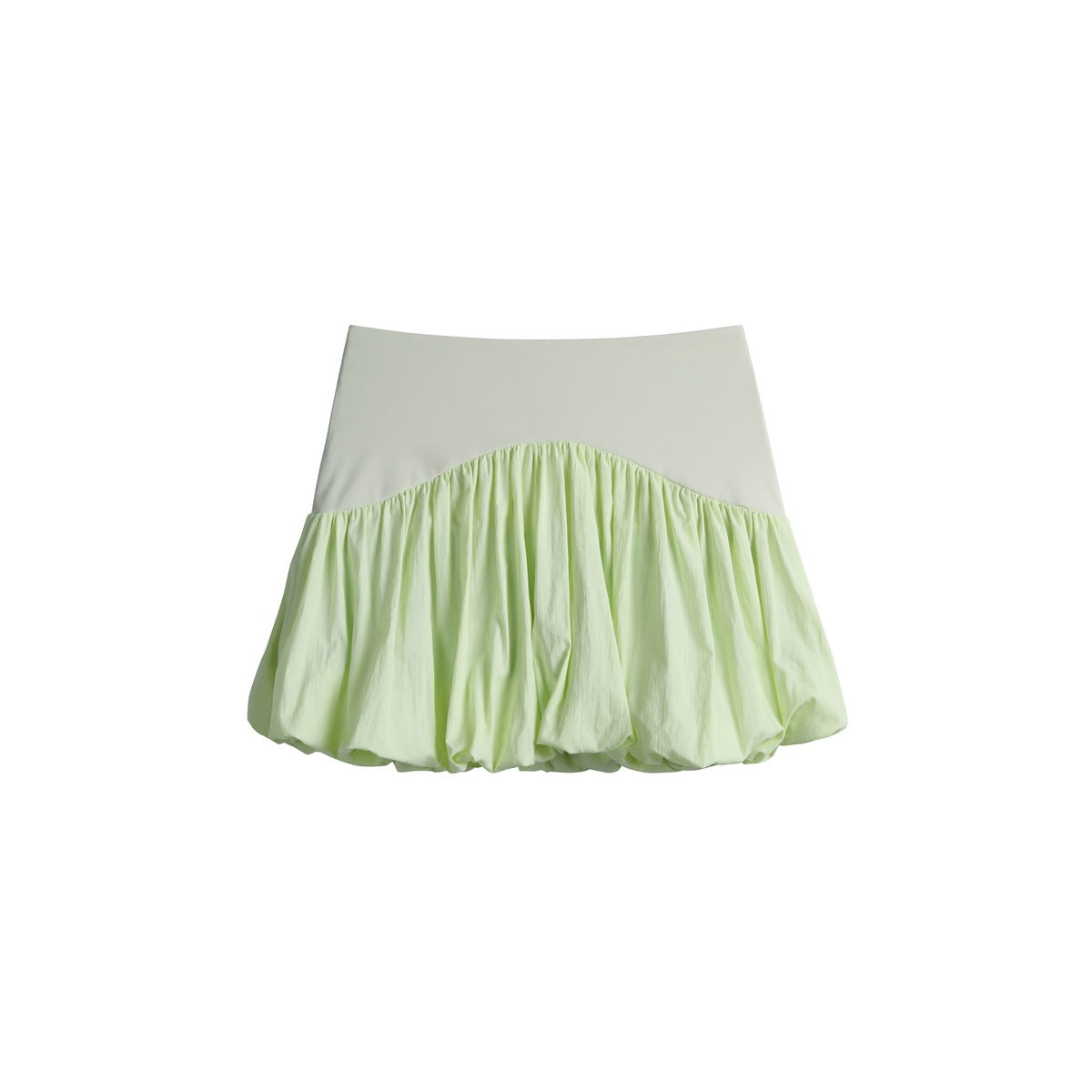 Pale green bubble mini skirt with a smooth high waistband and gathered, voluminous hem, shown against white.