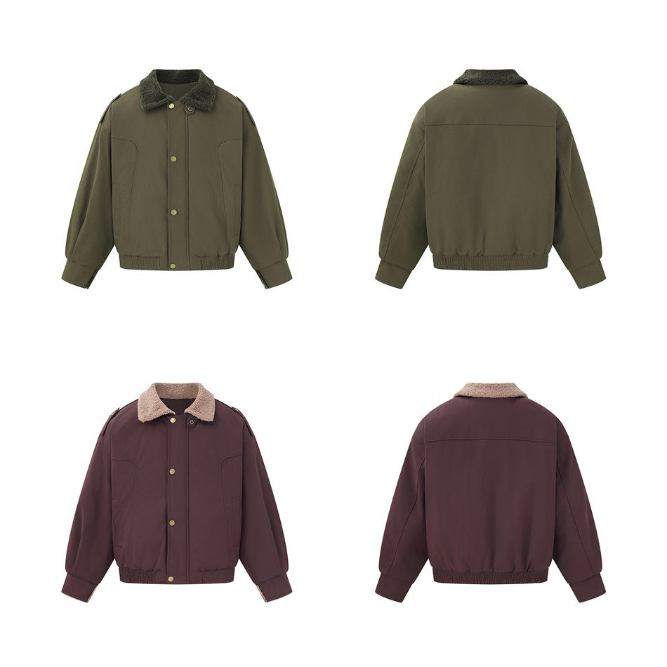 Army green and burgundy bomber-style jackets shown in front and back views on a white background