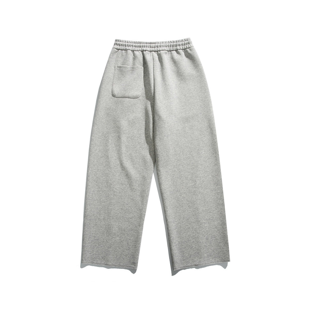 Back view of heather-gray wide-leg sweatpants with an elastic waistband and a patch pocket.