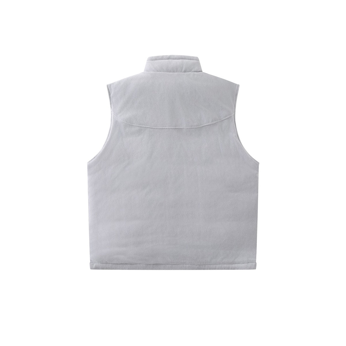 Back view of a light gray sleeveless vest with a raised collar and curved yoke seam, laid flat on white.