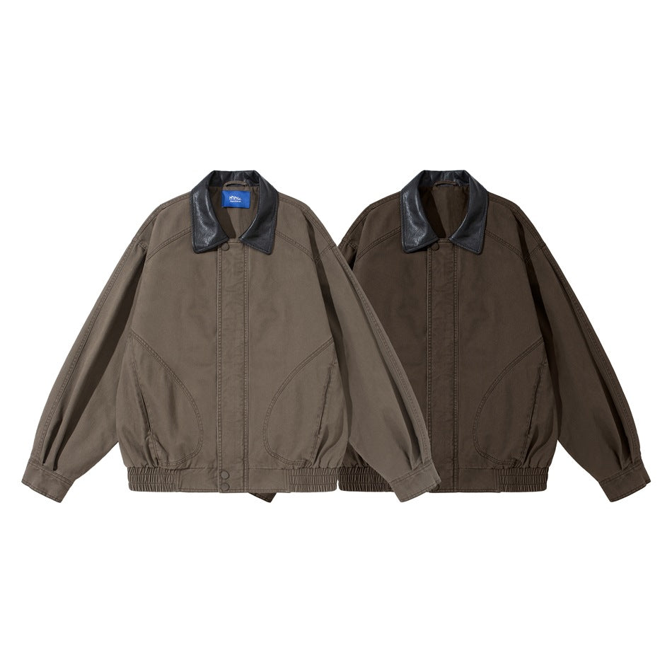 Two front views of jackets with black collars, curved pockets, and gathered hems in light and dark taupe.
