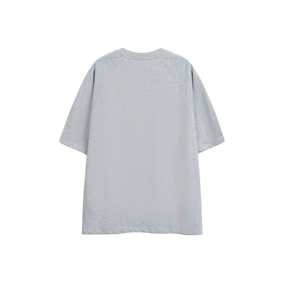 Back view of a plain heather gray short-sleeve T-shirt with raglan seams.