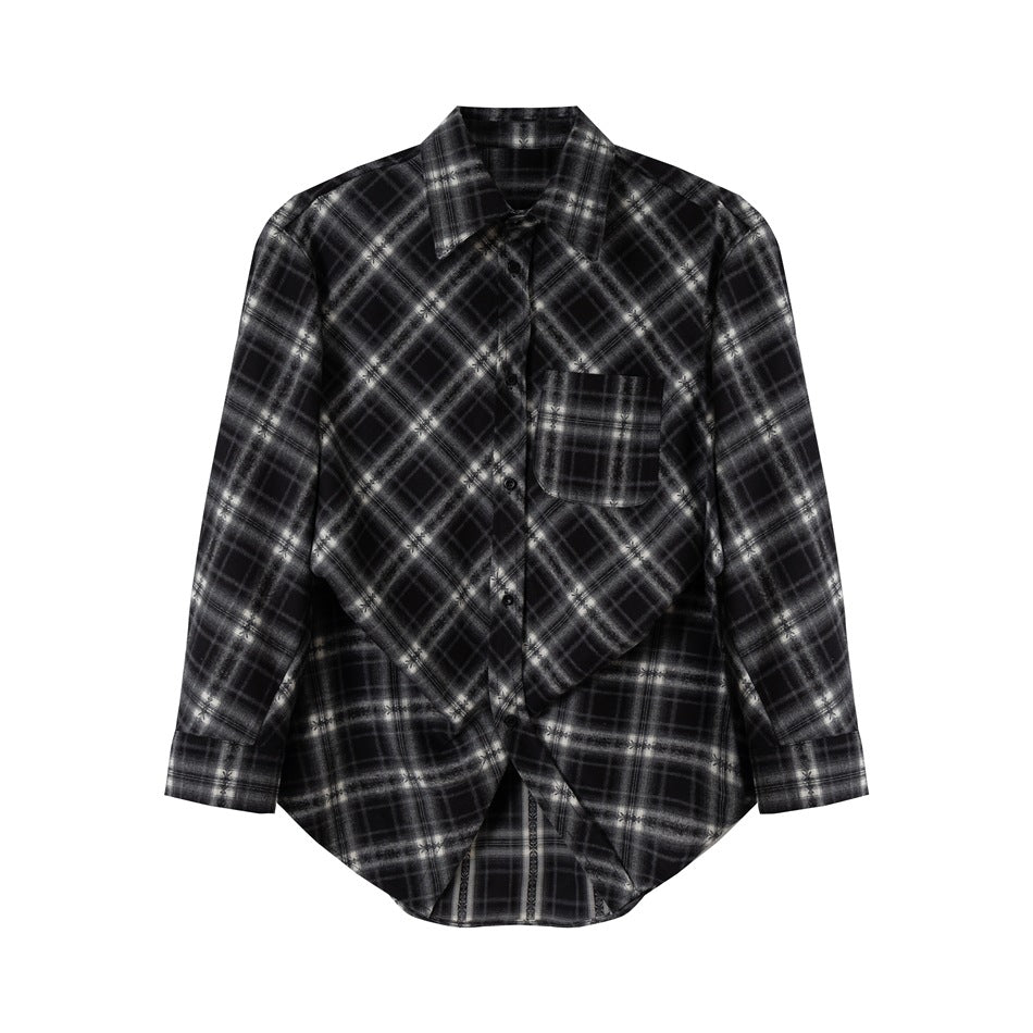 Black and white plaid long-sleeve shirt flat lay with chest pocket, diagonal plaid front panel and curved hem