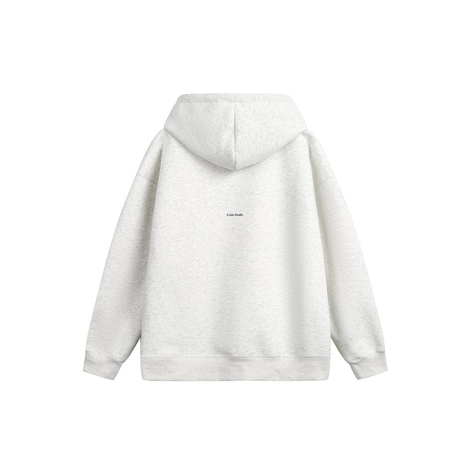 Back view of light heather gray hoodie with hood and small Cute Dude print at upper back, ribbed cuffs and hem