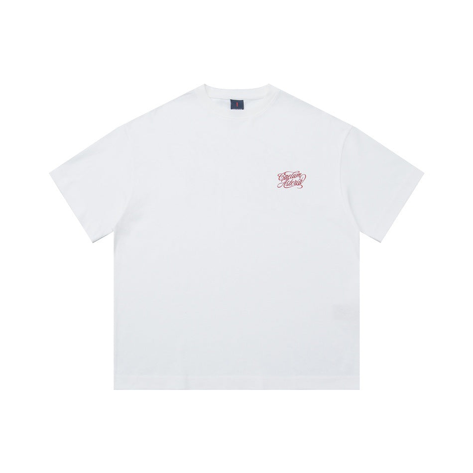 White short-sleeve crew-neck T-shirt front with small red script print on the left chest and neck label