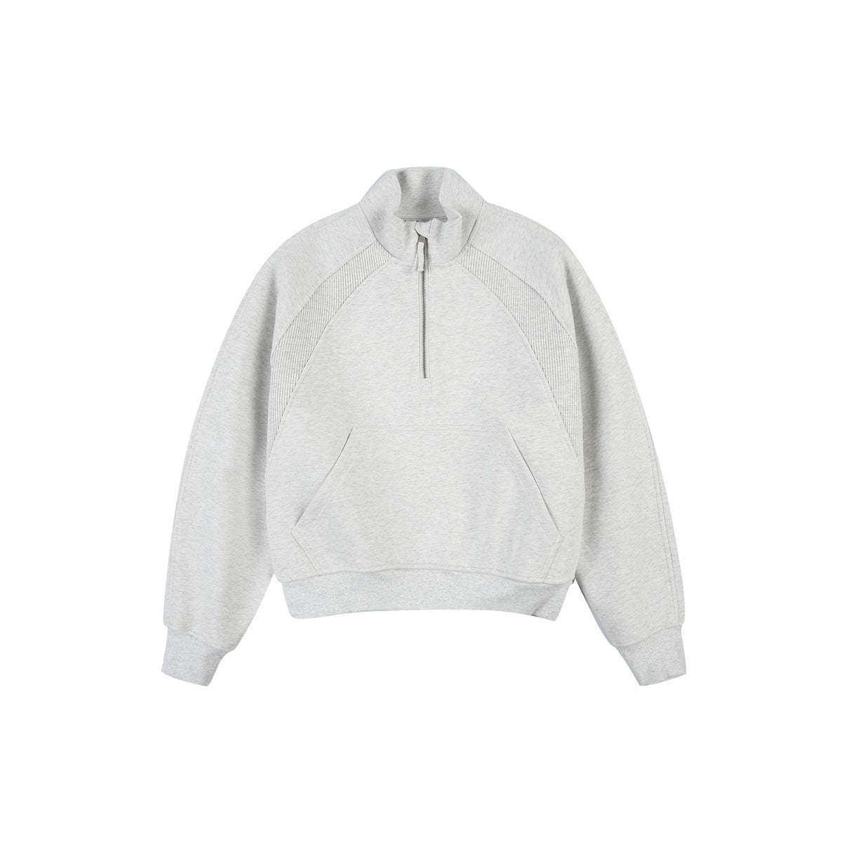 Light heather gray half-zip sweatshirt with stand collar, ribbed sleeve panels and front kangaroo pocket, flat front view