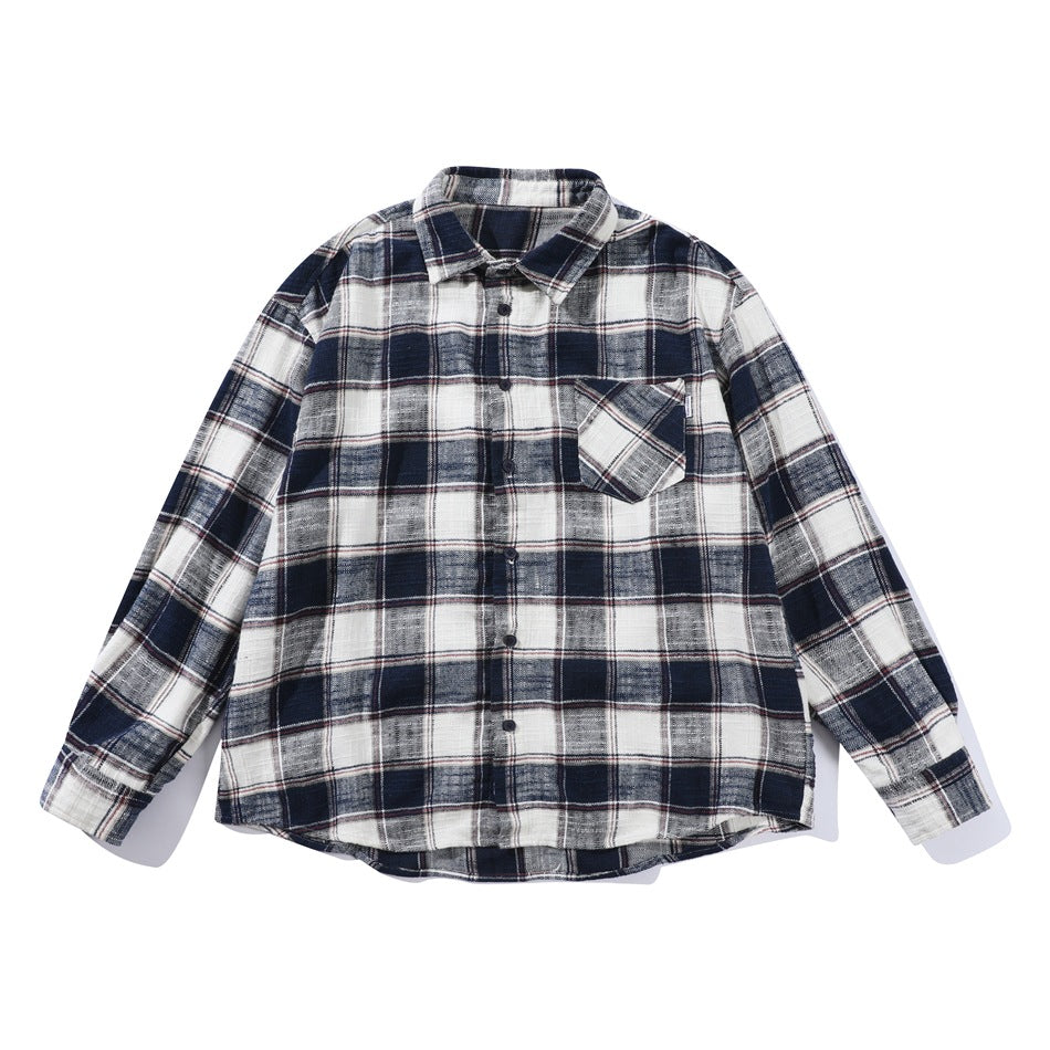 Navy and white plaid long-sleeve button-up shirt with chest pocket, flat lay front view
