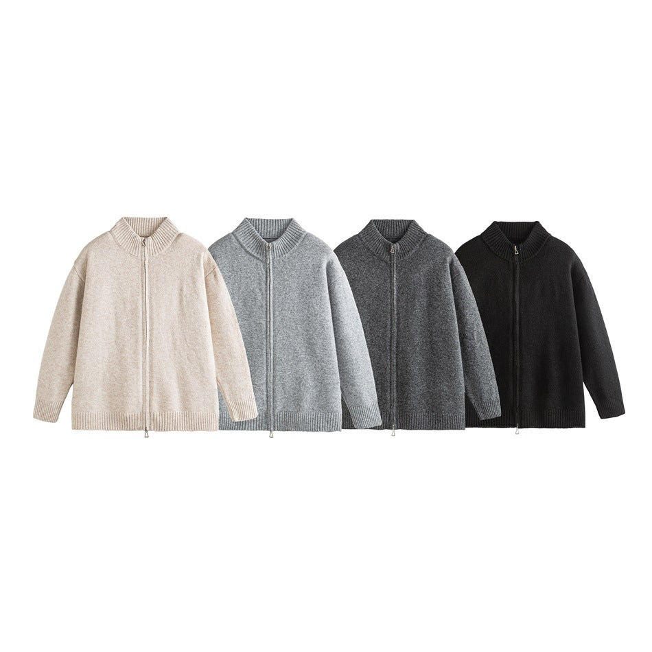 Four zip-front cardigans shown together in cream, light gray, charcoal gray, and black.