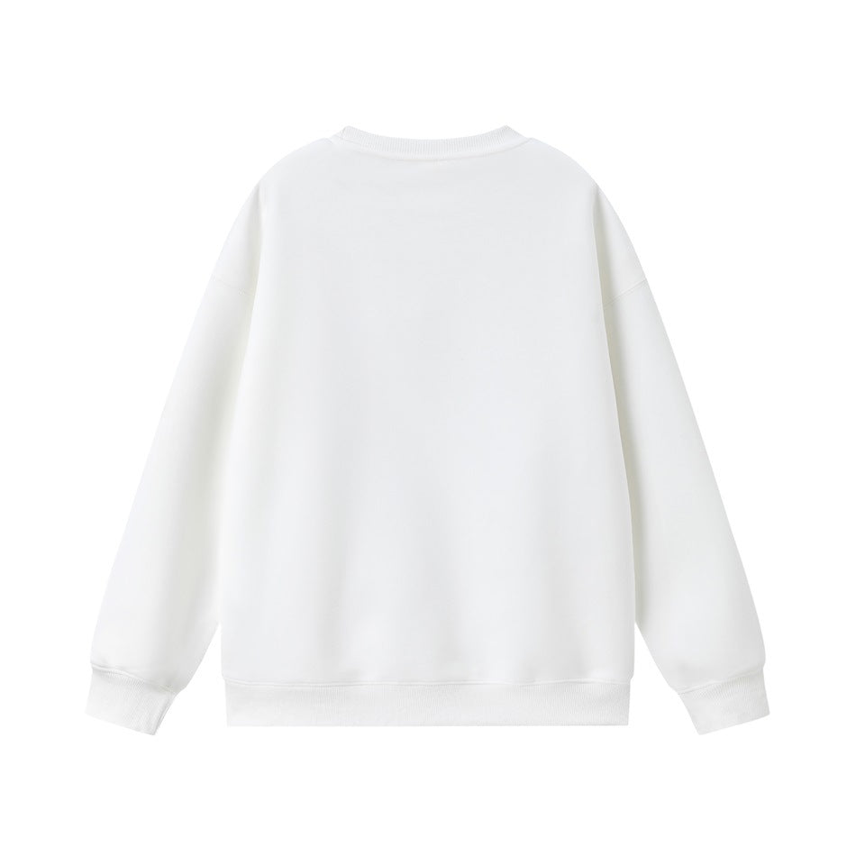 Plain white crewneck sweatshirt shown from the back with long sleeves and ribbed cuffs and hem.