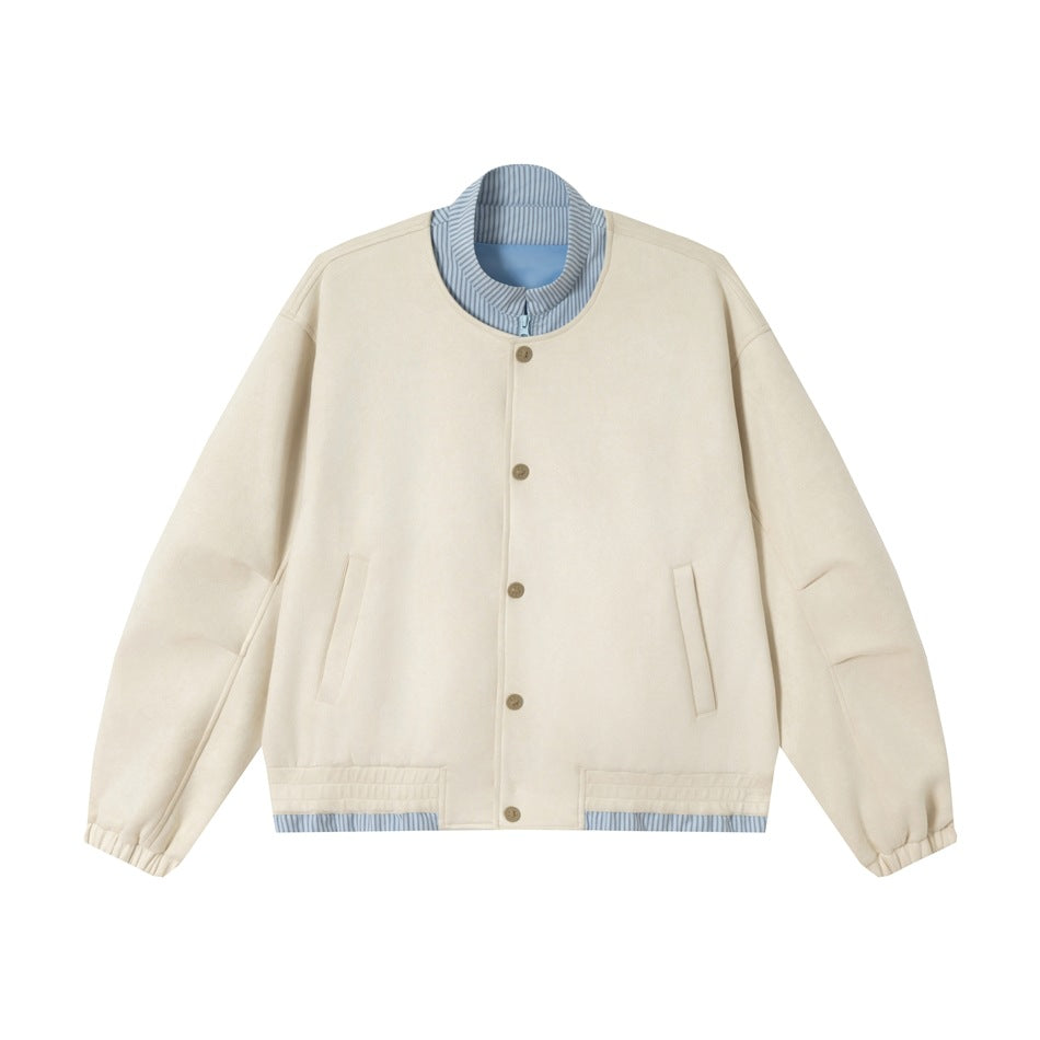Apricot suede-look button-front jacket with blue and white striped collar and hem trim, flat front view
