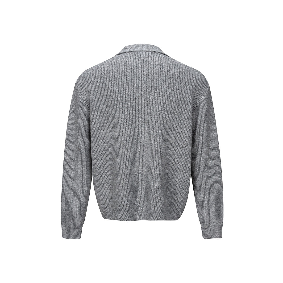 Back view of a gray ribbed knit cardigan with a collar and long sleeves.