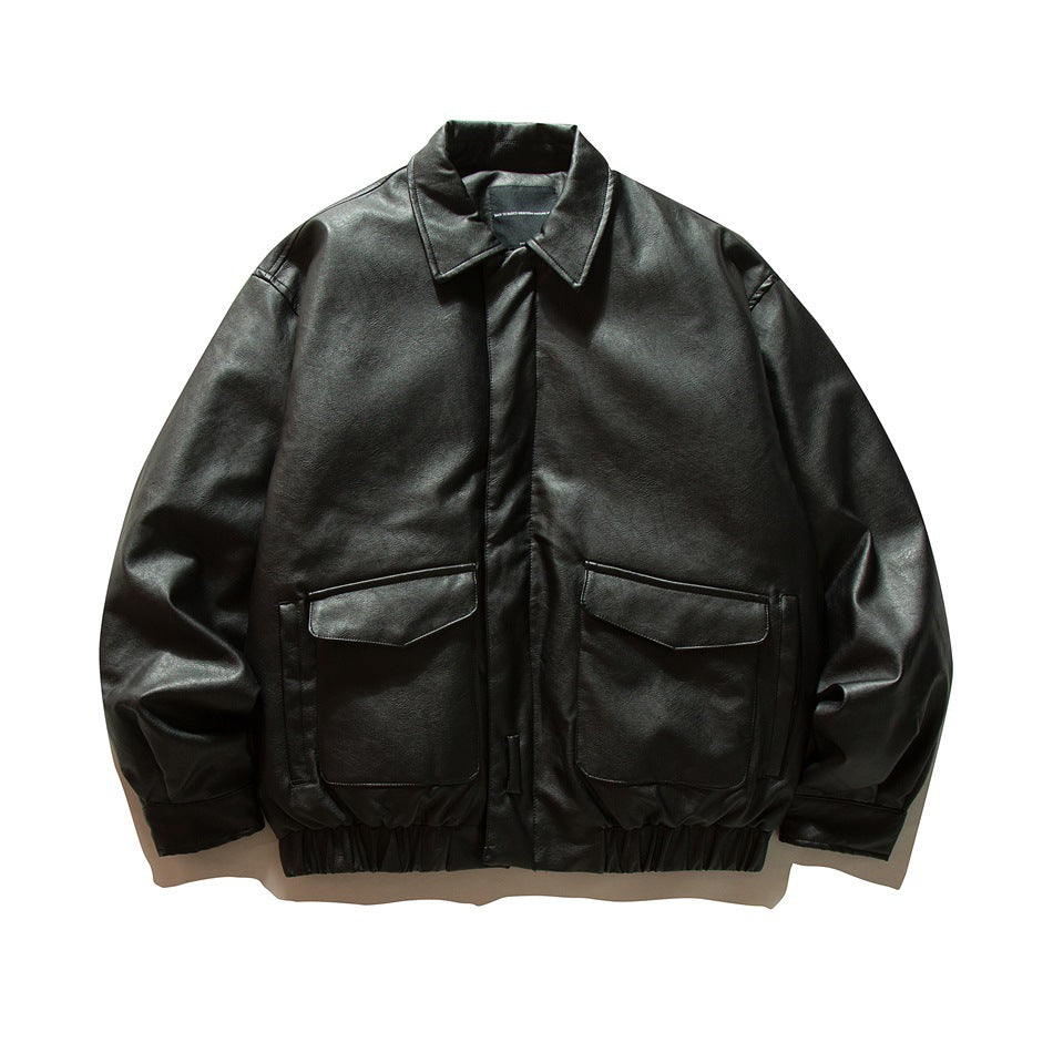 Black faux leather bomber-style jacket, front view with collar, flap pockets and elastic hem