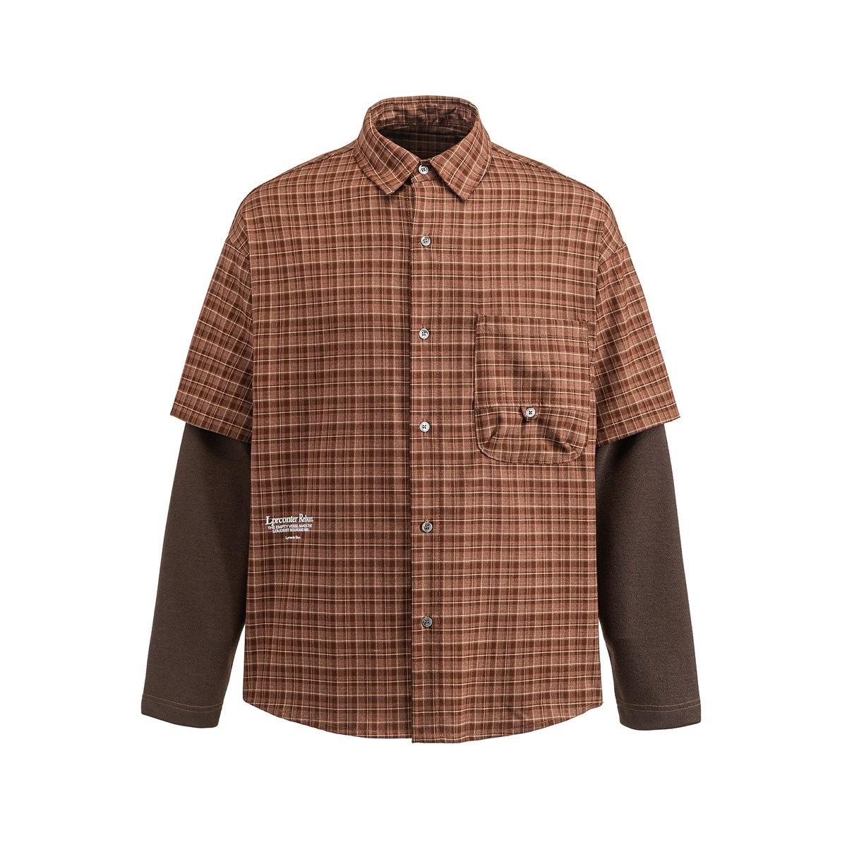 Brown plaid button-front shirt with brown layered long sleeves and flap chest pocket, flat front view
