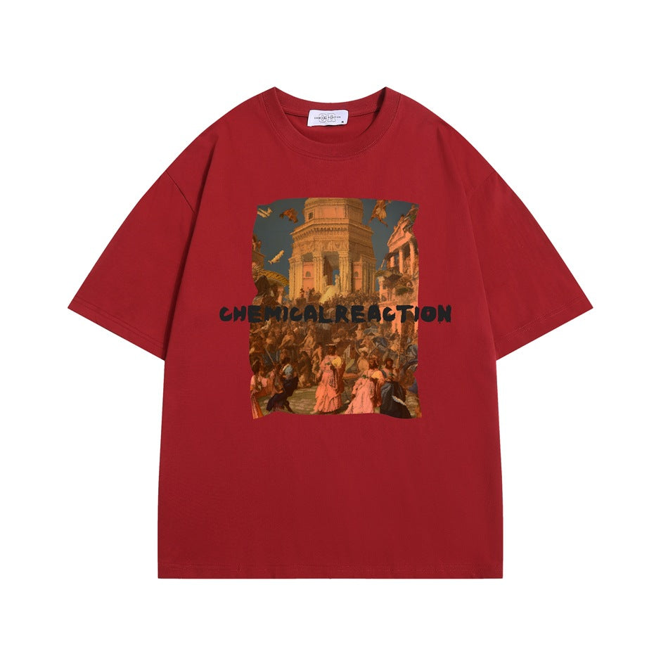 Red short-sleeve crew-neck T-shirt with black CHEMICAL REACTION text and a classical crowd-scene graphic