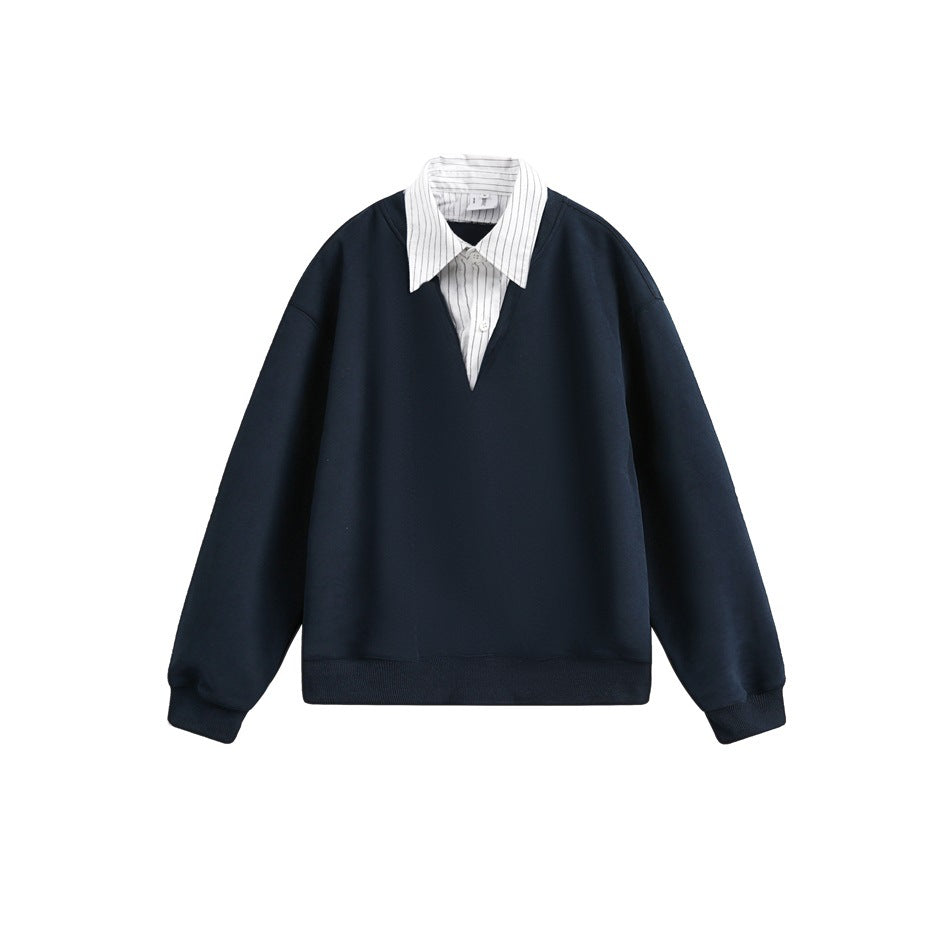 Navy blue V-neck sweatshirt with white striped collared shirt layer, ribbed cuffs and hem, flat front view