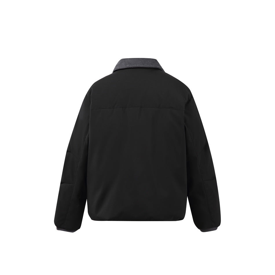 Black padded jacket with gray ribbed collar and back yoke seam, back view