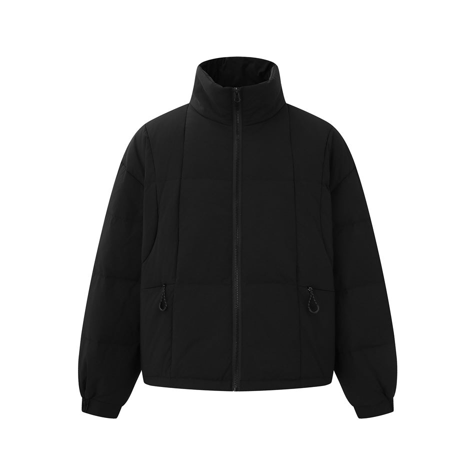 Black quilted stand-collar puffer jacket, front view, zipped, with two front zip pockets and elastic cuffs