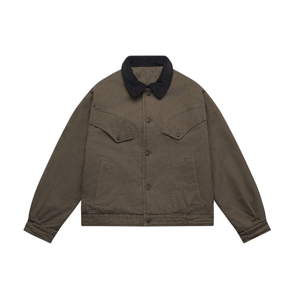 Olive-brown button-front jacket with dark navy corduroy collar, chest flap pockets and front pockets, flat lay
