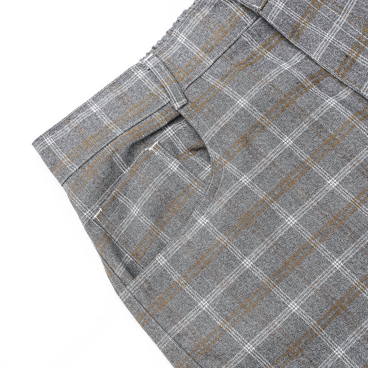 Close-up of gray plaid trousers showing the waistband, belt loop, and curved pocket stitching.