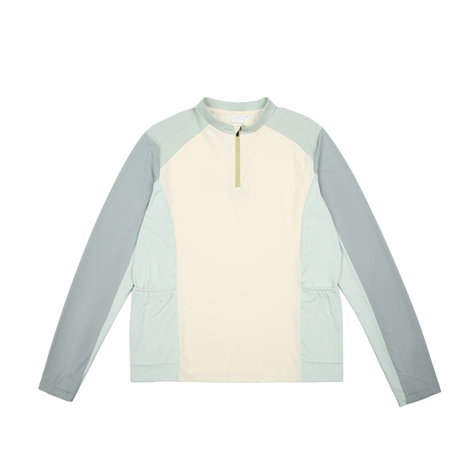 Cream and sage green color-block quarter-zip long-sleeve top, flat front view