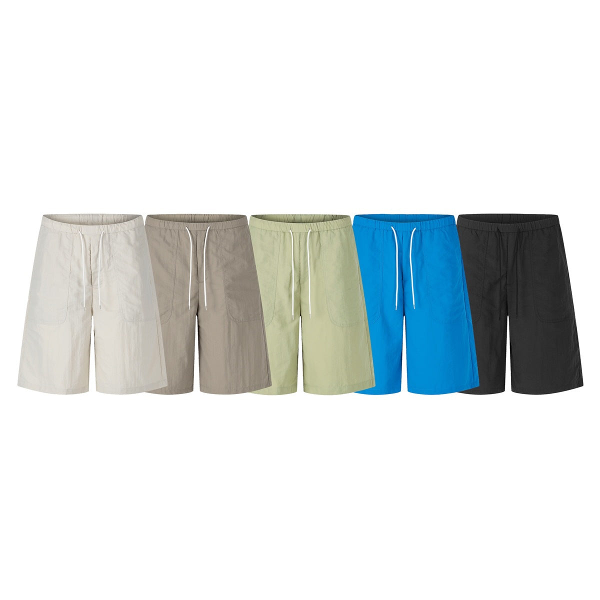 Five pairs of drawstring shorts shown side by side in cream, taupe, pale olive, bright blue, and black.