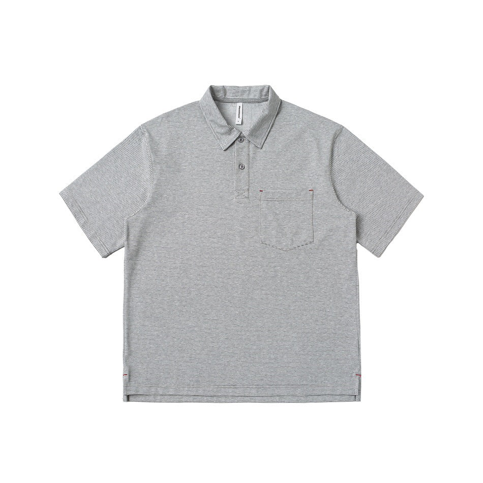 Gray-white fine-striped short-sleeve polo shirt with chest pocket, flat front view