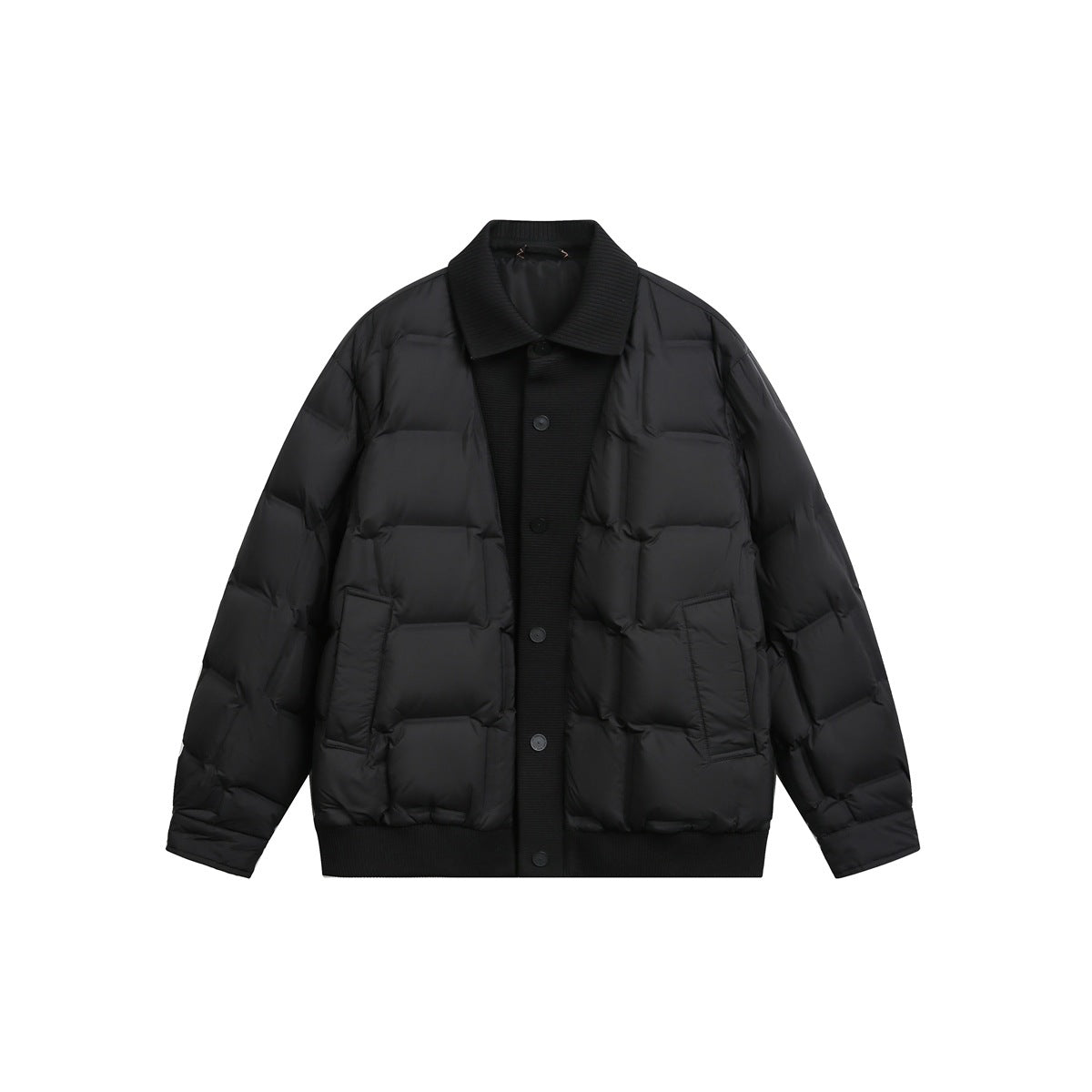 Black quilted jacket with ribbed knit collar, snap-button placket, front pockets and ribbed hem, flat front view
